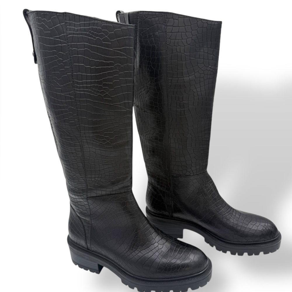 PAIGE Bella Croc Embossed Leather Boot Knee High Black Size 7.5 Animal print‎